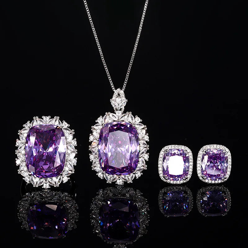 Gemfiori New Versatile Purple Zircon Temperament Pendant Set with Niche Design Ice Flower Princess square Earrings