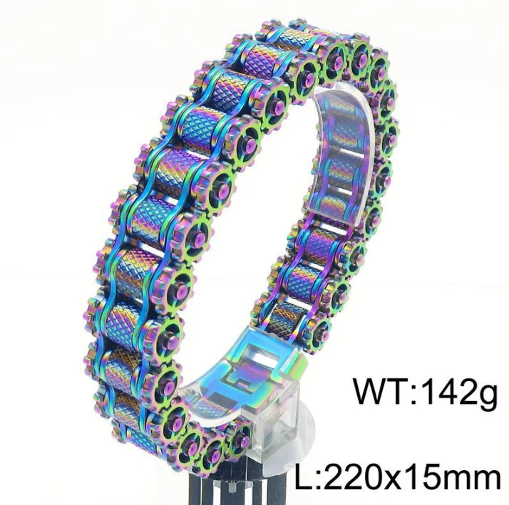 REBEL Men's Punk Motorcycle Chain Bracelet, Multi‑Color Plated Stainless Steel Hip Hop Biker Wrist Cuff, Street Fashion Jewelry Gifts