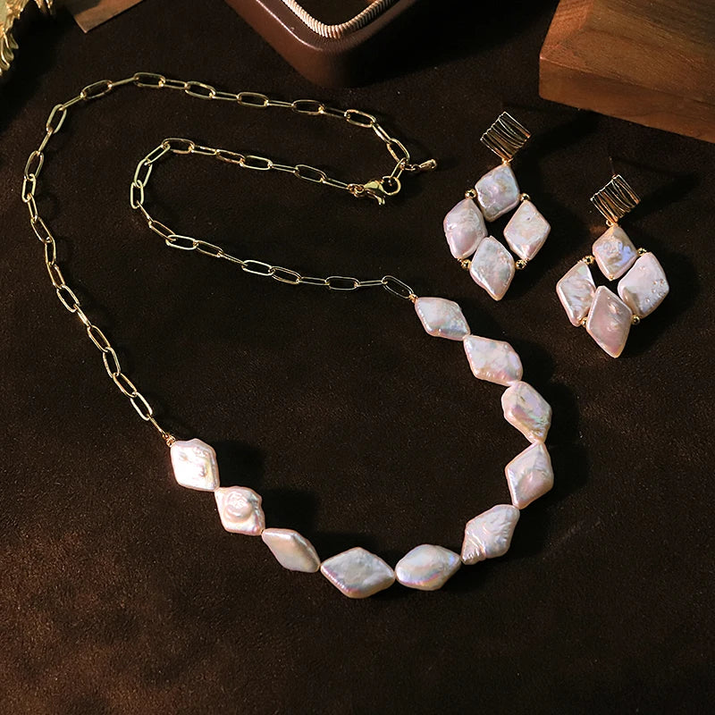Baroque Natural Pearl Chain Copper Bead Necklace Earring Set Luxurious Design Jewelry Set for Banquet Gift for Women GS0223