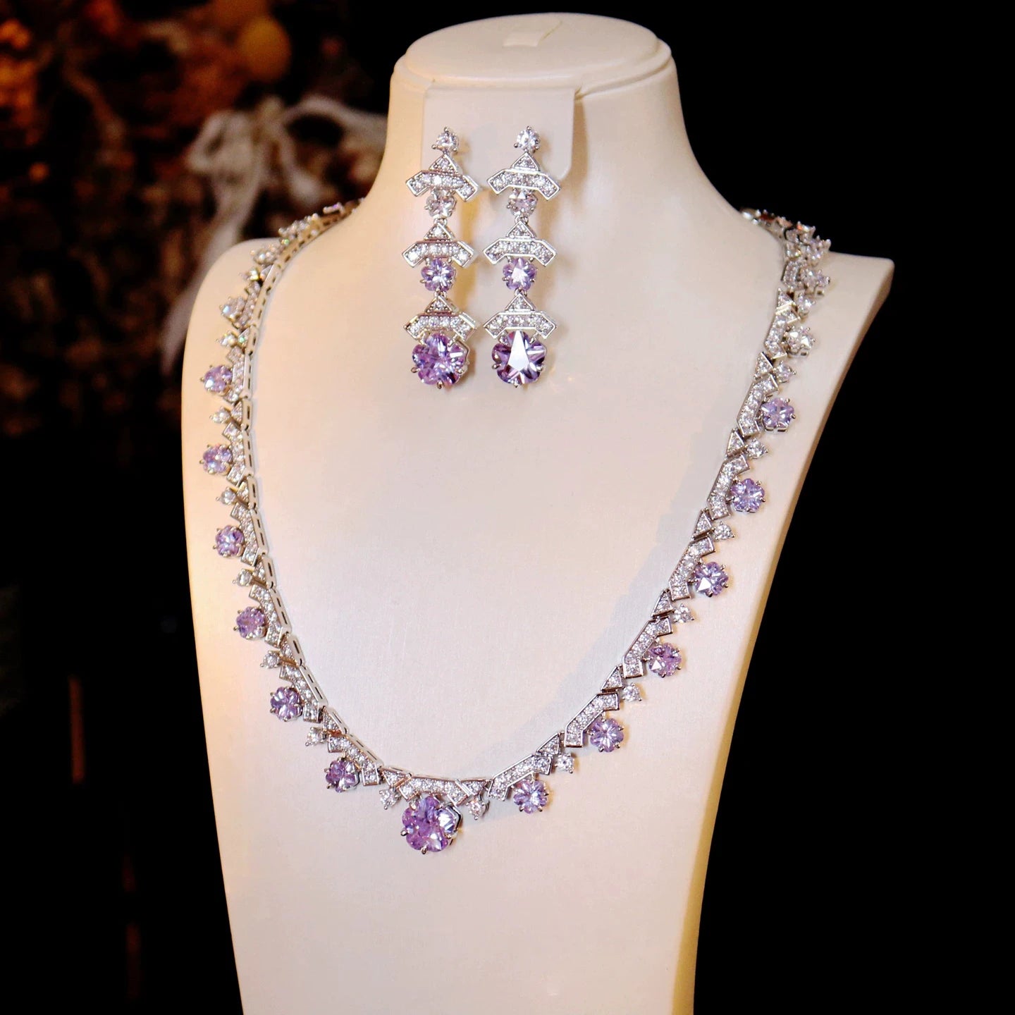 Luxury Cushion-Cut Purple Zirconia Floral Statement Necklace & Drop Earrings Bridal Set — Silver Plated