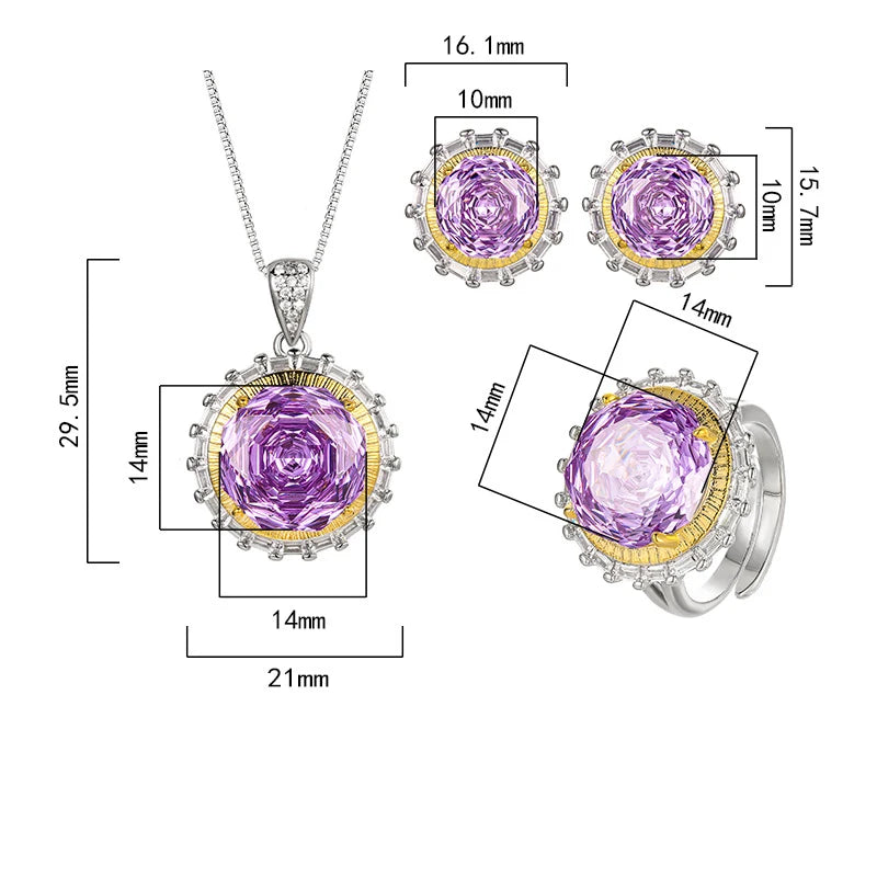 Gemfiori Luxury Round Violet Fashion Personality Atmosphere Pattern Flower Feminine Elegance Purple Zircon Jewelry Set