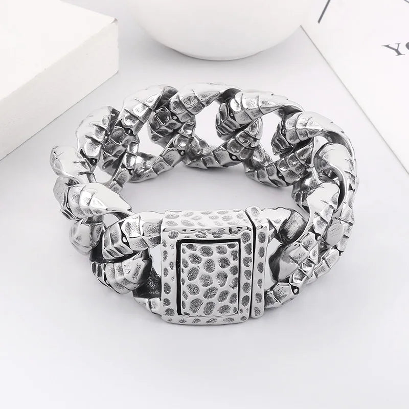REBEL 235mm Men Punk Stainless Steel Snake Scales Pattern Cuban Link Bracelet