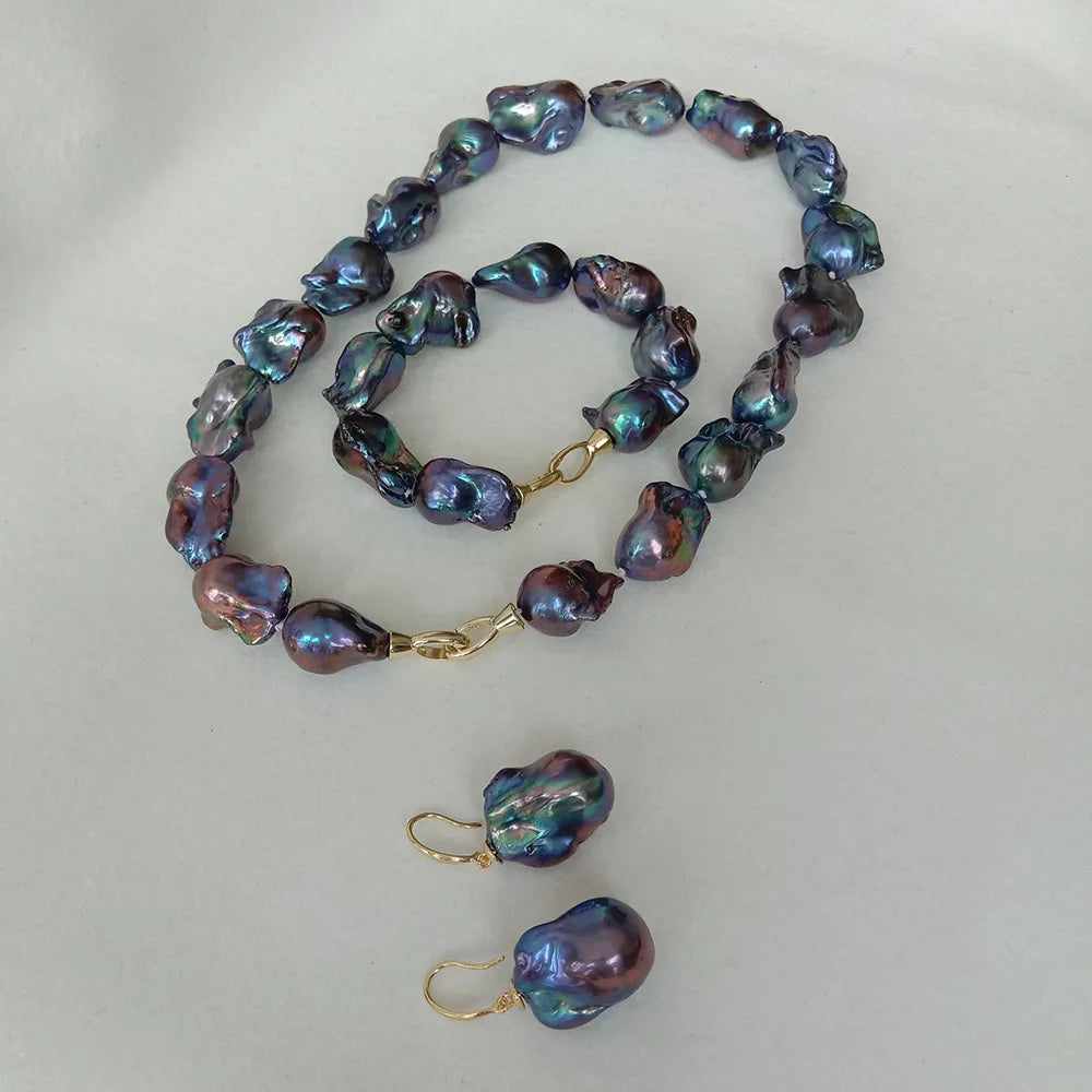 925 Silver Clasp Fashion Big Black Baroque Shape Freshwater Pearl Jewelry Set for Wedding Factory Price,wholesale