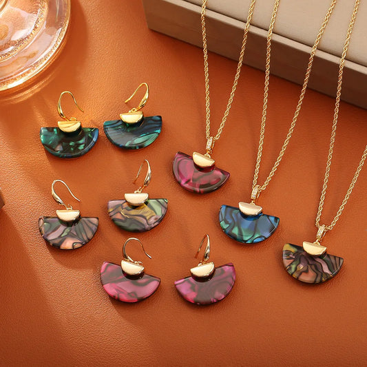 Mother-of-Pearl Shell Pendant Necklace & Earrings | Real Gold Plated Copper Collarbone Chain | Blue, Coffee & Red