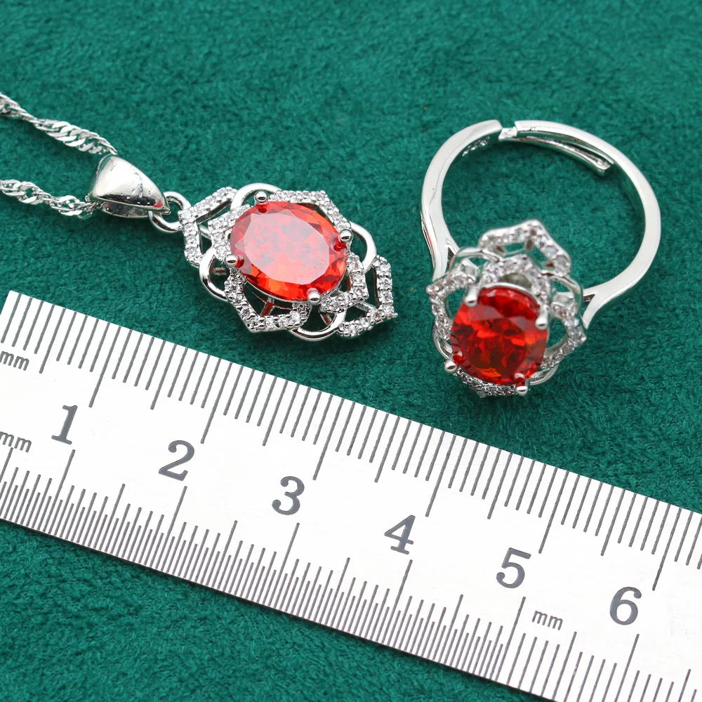XOTICA 2022 New Red Cubic Zirconia Platinum Plated Classic Wedding Party Jewelry Sets for Women Bracelet Earrings Open Ring Pendant