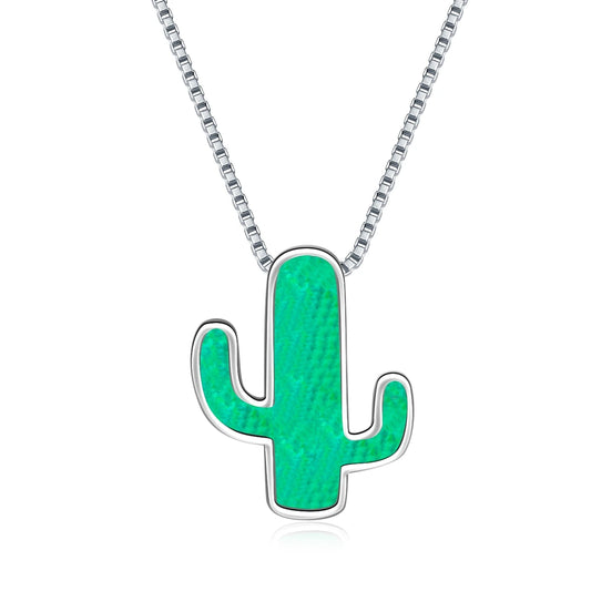 Vintage Aobao Silver Plated Box Chain Opal Inlaid Cactus Design Party Diamond Pendant Necklace