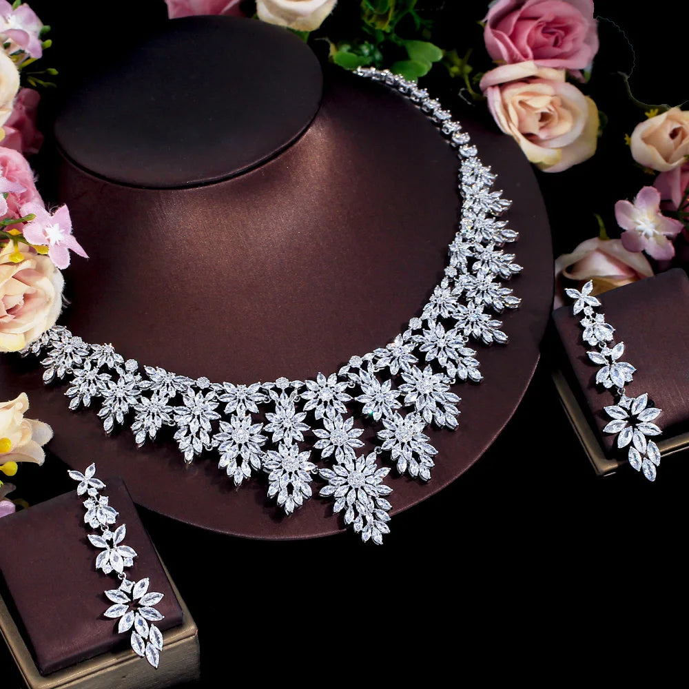 Luxury Big Statement Heavy Cubic Zirconia Women's Long Tassel Wedding Necklace and Earrings Pageant Jewelry Sets for Brides