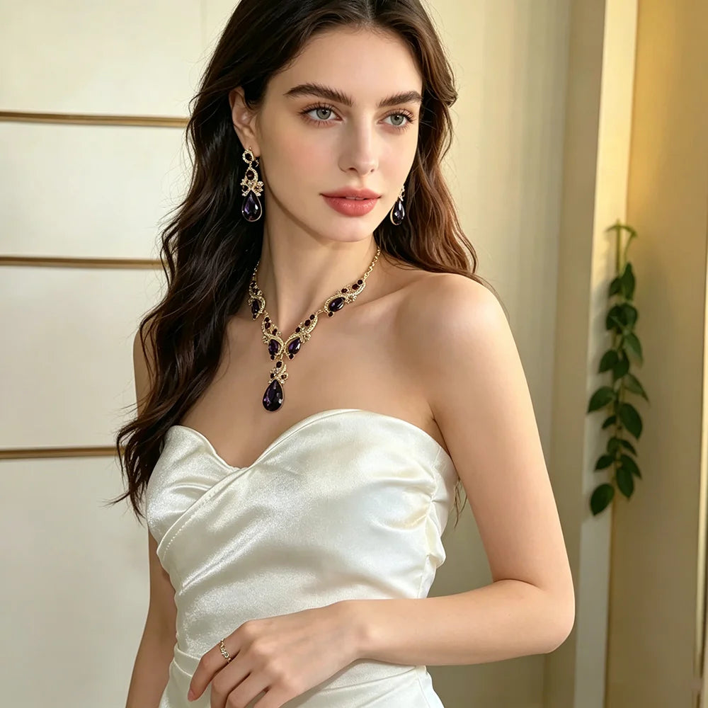 XM S373 Gold Plated Princess Cut Deep Purple Zircon Floral Statement Necklace & Drop Earrings Bridal Set