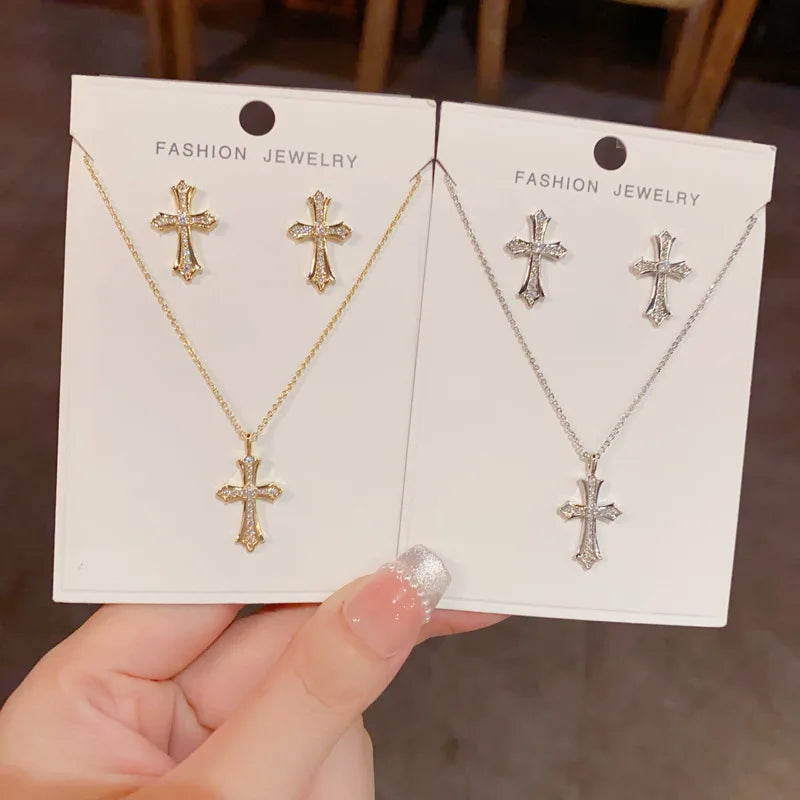 Wholesale Fashion Exquisite Cross Necklace and Earrings Set with Zircon Luxury Real Gold Plated Jewelry Set for Women