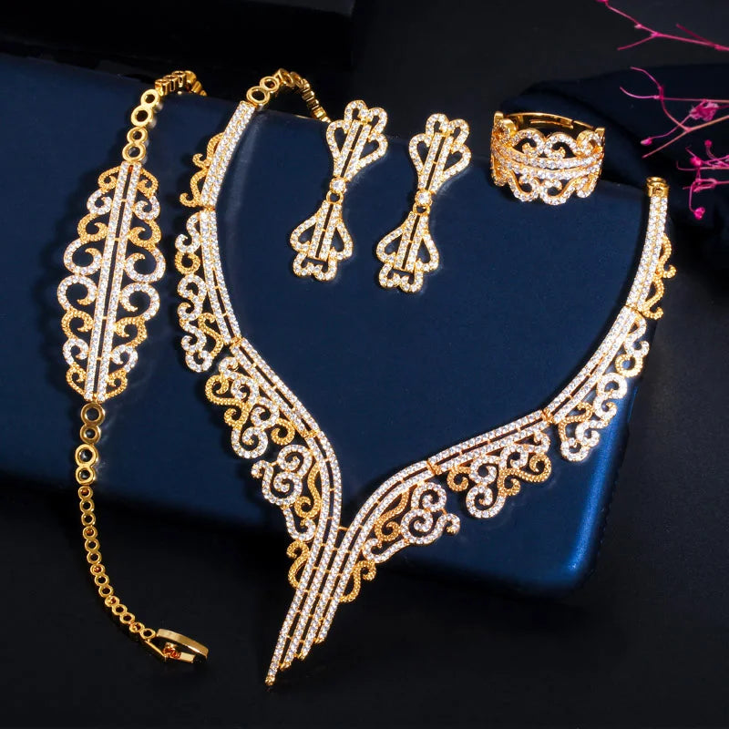 S&S 4-Piece CZ Flower Bridal Jewellery Set – 18K Gold Plated – African & Dubai Style – Collection