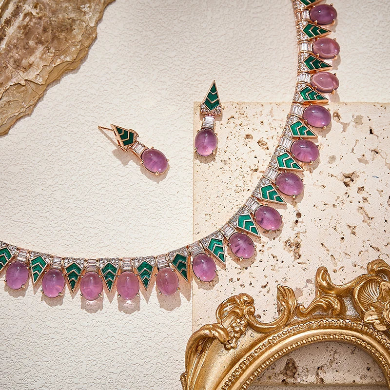 Bohemian Style Triangular Spike Green Enamel Grape purple Necklace Earrings 2-piece Set, High-quality Brass Zirconia  Jewelry