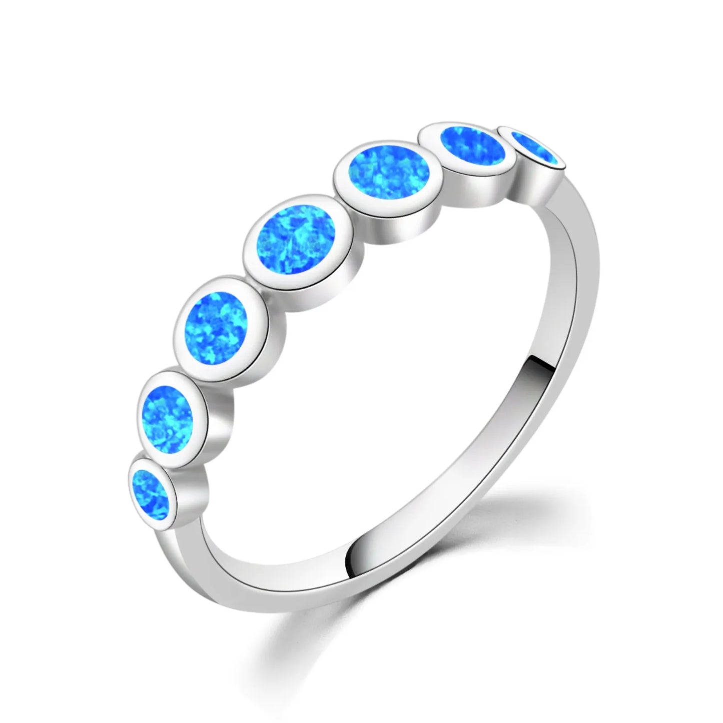 Gradient Round Blue Opal Stackable Ring | Iridescent Gem Inlay  Band | Minimalist Layered Jewelry for Women Trendy Style