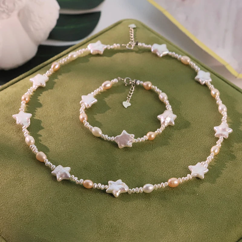 GLSEEVO Natural Freshwater Star Shape Pearl Jewelry Set for Women Birthday Party Pearl Necklace Bracelet Set Fashion Jewelry