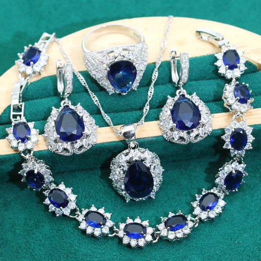Luxury 925 Silver Women's Jewelry Sets Blue Zircon Classic Wedding Earrings Rings Bracelets Pendant Necklace for Parties Gifts