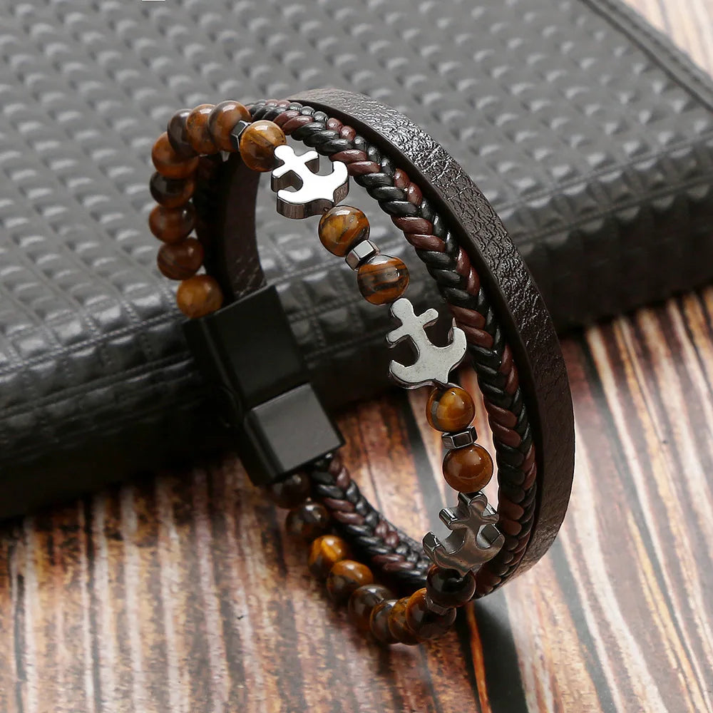 Fashion Jewelry Tiger Eye Beaded Bracelet Stainless Steel Magnet Leather Handmade Natural Gemstone Punk Bracelet for Men Jewelry