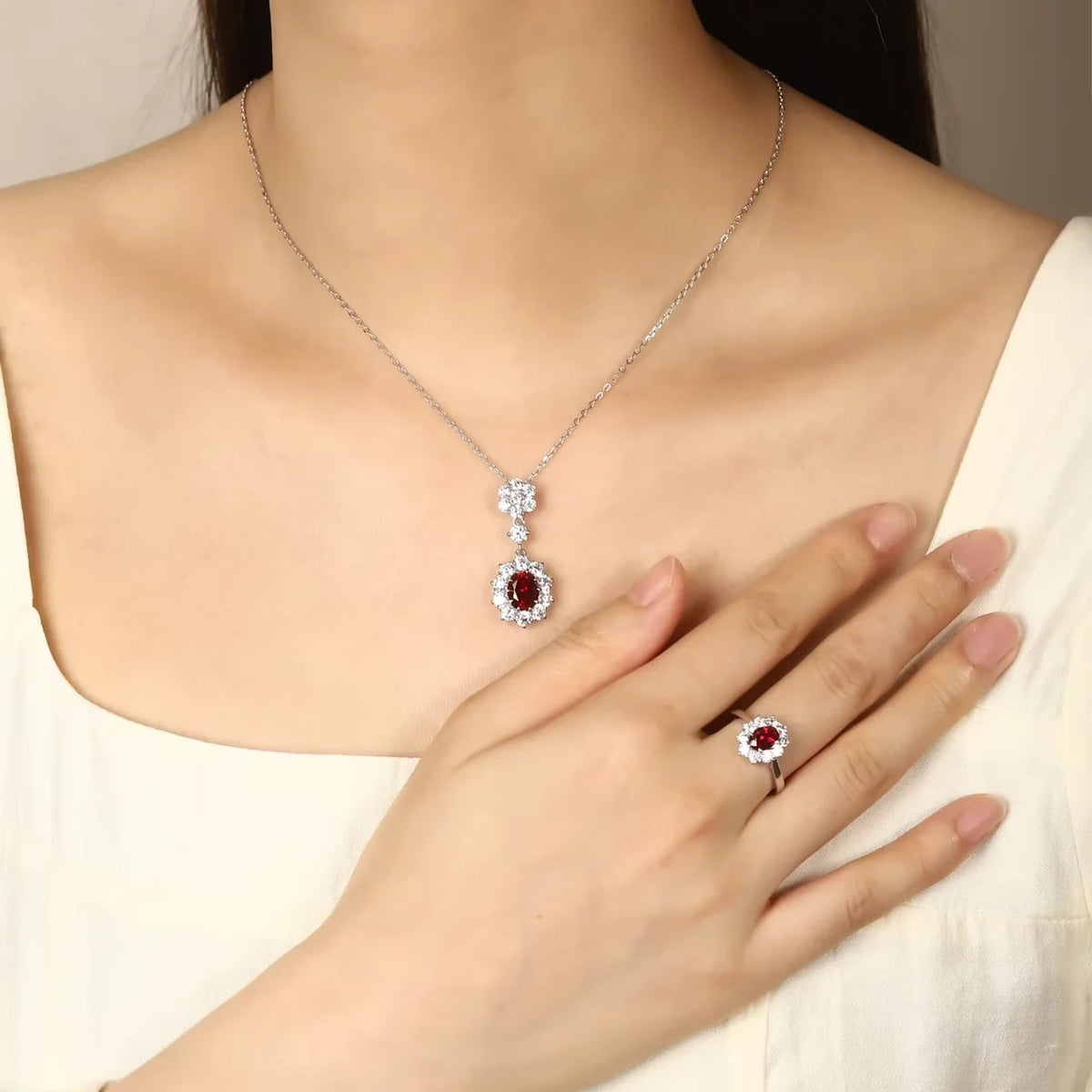 Gemfiori Bridal Jewelry Set Sterling 925 Silver Lab Grown Ruby Ring Necklace Earrings Ladies' Jewelry Set for Her Weddings Party