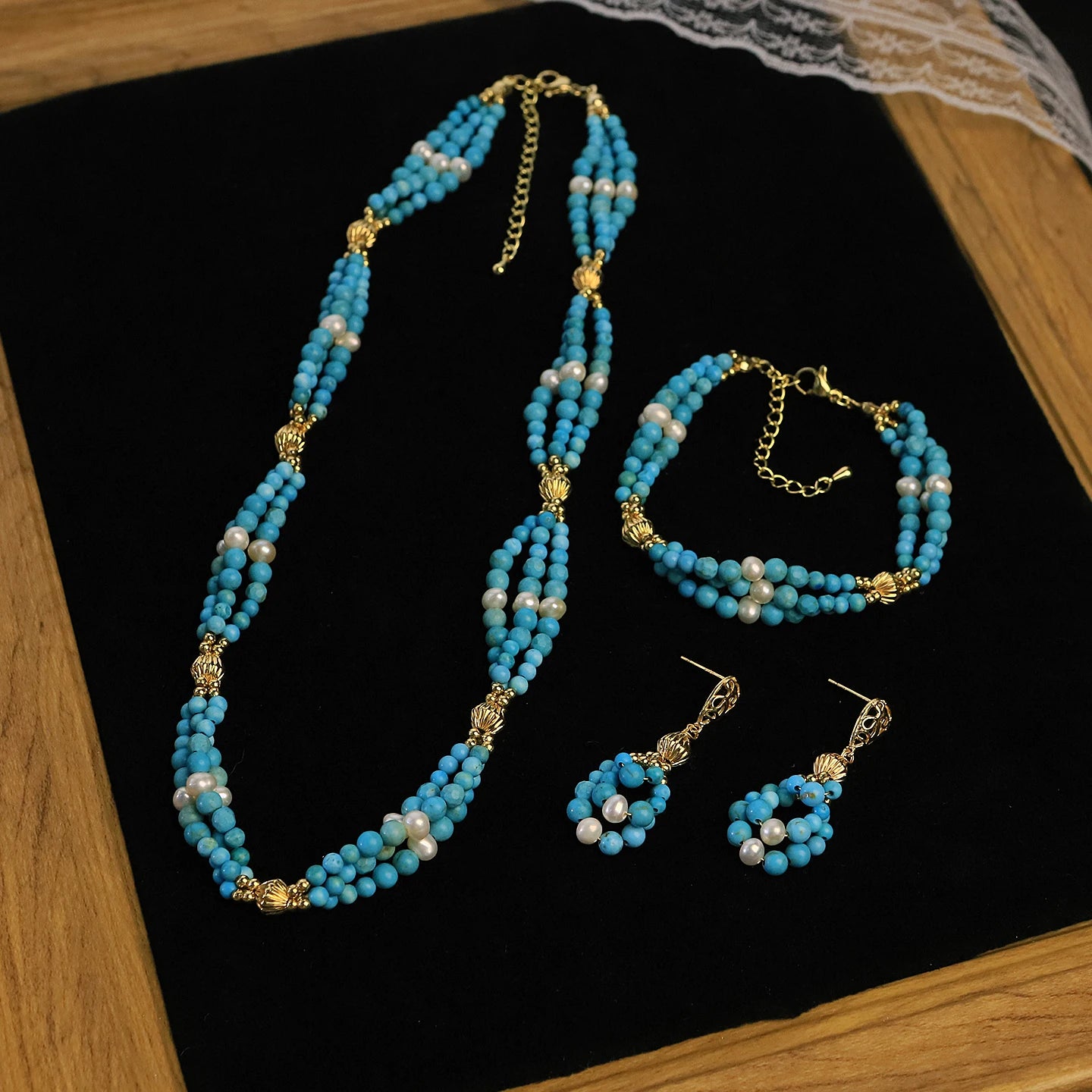 GLSEEVO Natural Pearl & Turquoise Three-Piece Necklace, Earrings & Bracelet Set — Bohemian Style | Blue