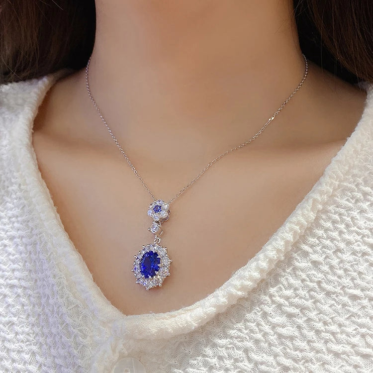 Gemfiori Statement Pendant Customized Jewelry Lab Grown Sapphire Rhodium Plated Chains Sterling Silver 925 Vintage Diamond for Her Gift