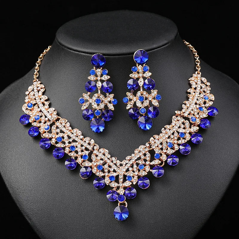 Crystal Flower Necklace & Earrings Jewellery Set | 6 Colours Bridal Evening Fashion Set