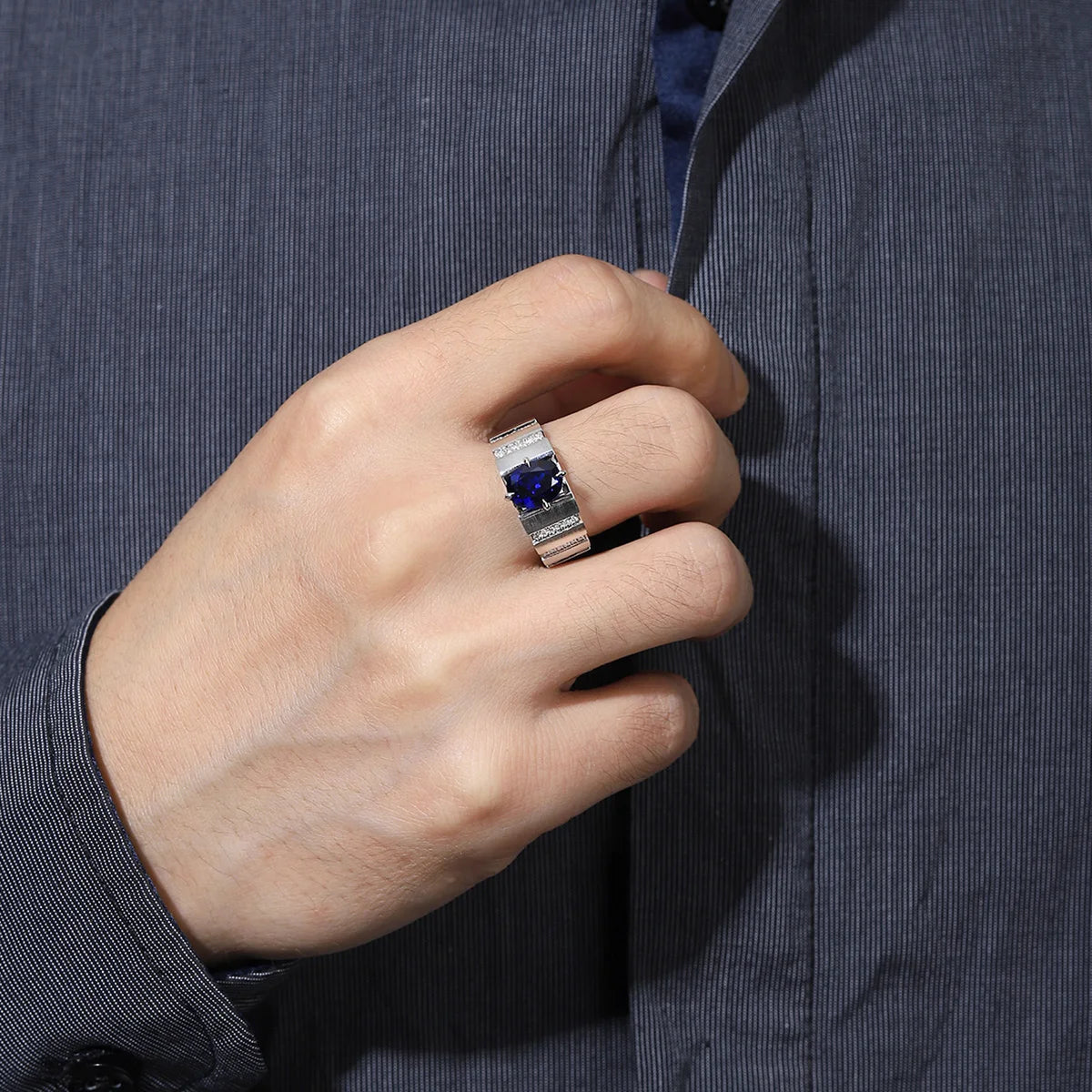 Gemfiori Wedding Rings 925 Sterling Silver Lab Grown Sapphire Mens Solid Silver Band Ring