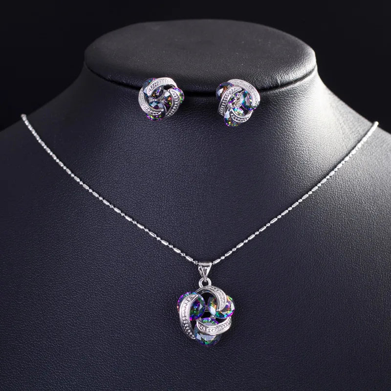 S&S Multi-Colour Fire Topaz CZ Pendant Necklace & Stud Earrings Set – White Gold Plated – Collection