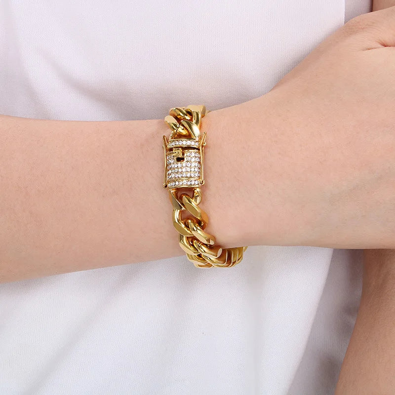 REBEL European American Women's Stainless Steel 316L Cuban Chain Bracelet CNC Exaggerated Zircon for Gift Jewelry Set