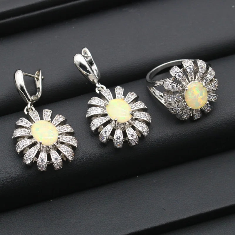 XOTICA Silver Jewelry for Women White Opal Earrings Pendant Necklace Ring Set for Wedding Party Engagement-Christmas Gift