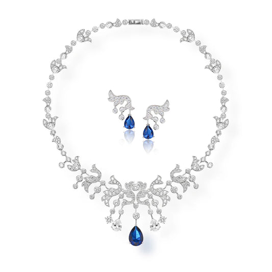 High End Luxury Atmospheric Droplet Shaped Colored Zircon Wing Necklace Earrings for Women's Evening Wear Two-piece Set
