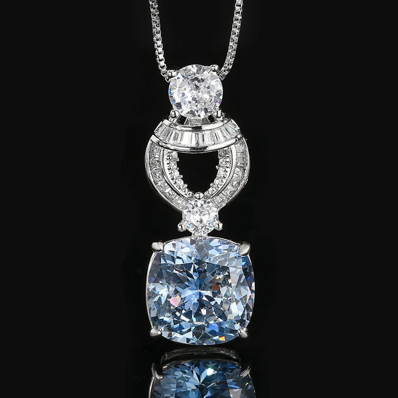 Fashion Eco-friendly Copper 12*12MM Blue Zircon Brass Square Pendant Earrings Ladies Necklace Jewelry Set for Refined