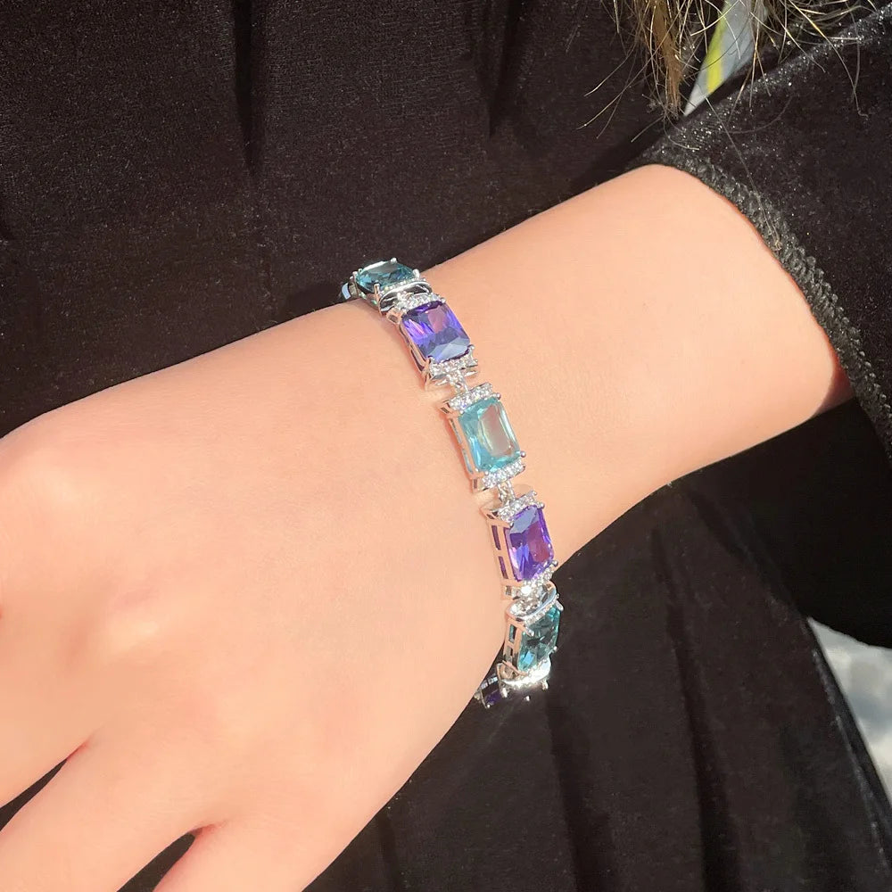 S&S Rectangle CZ Luxury Tennis Bracelet – Purple & Blue – White Gold Plated – Collection