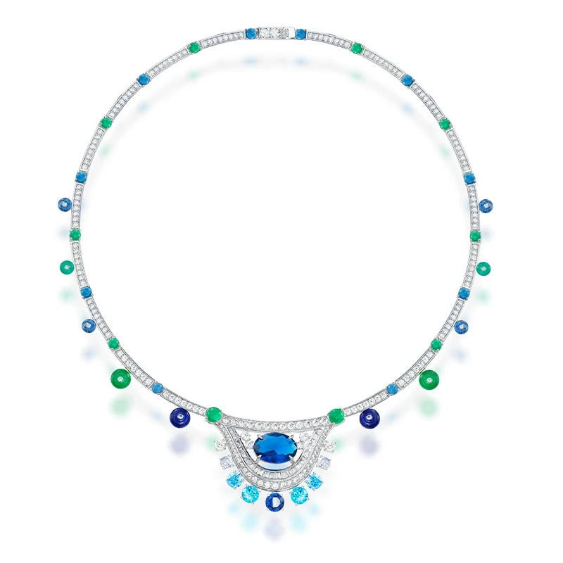 Gradient Blue Bead Necklace Earring Set Zirconia High Quality Brass Jewelry Fashion Sexy Women's Gift