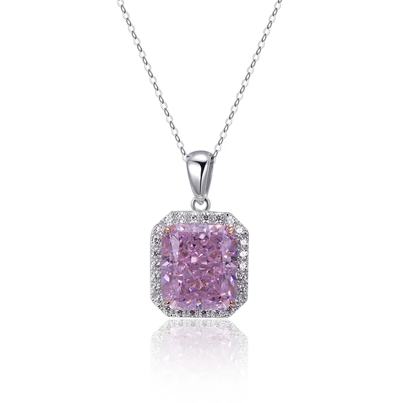 Messi Jewelry MSN-657  5 Carat Carbon Diamond Pink Necklace Cubic Zirconia Radiant Cut Silver Pendant for Daily Decorations