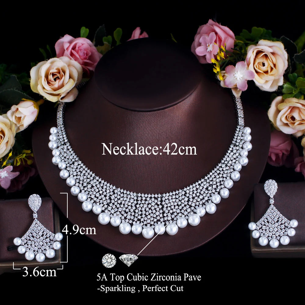 Super Luxurious White Cubic Zirconia Necklace and Earrings Imitation Pearl Wedding Bridal Big Jewelry Set for Women Jewellery