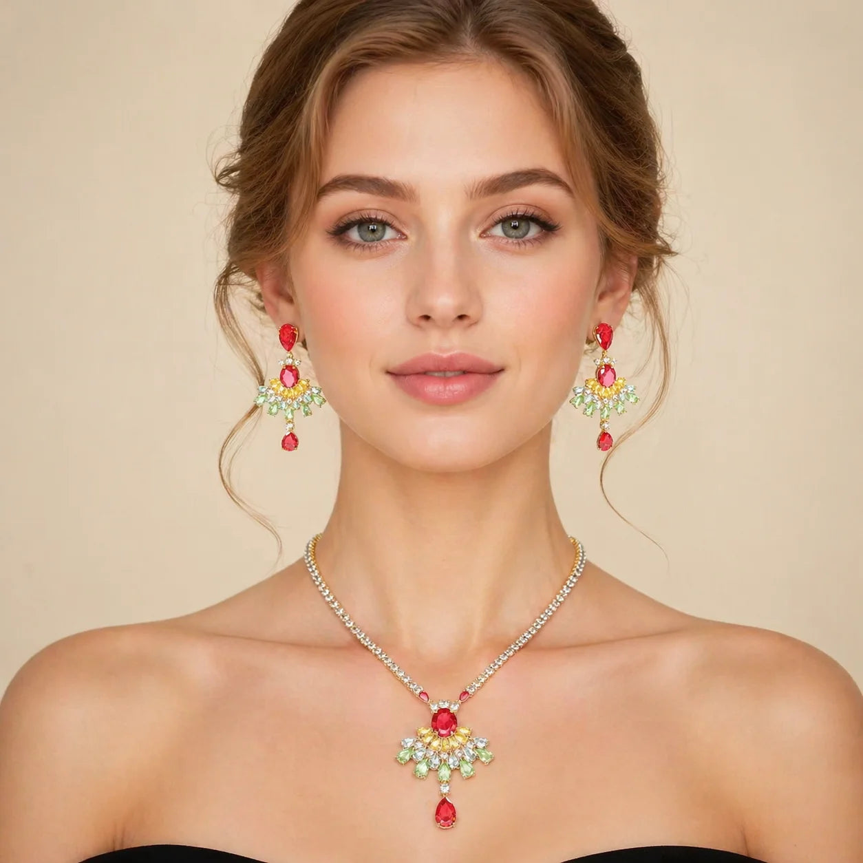 Bella Viva Luxury Fan Dangle Colorful Cubic Zirconia Necklace and Earring Sets, 18K Gold Plated Brass, for Formal Banquet Party