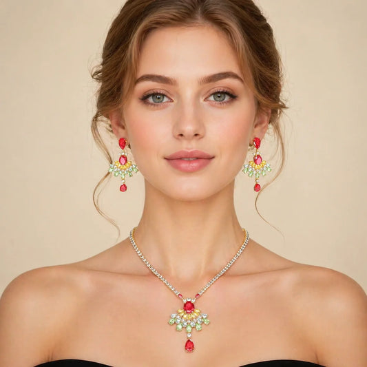 Bella Viva Luxury Fan Dangle Colorful Cubic Zirconia Necklace and Earring Sets, 18K Gold Plated Brass, for Formal Banquet Party
