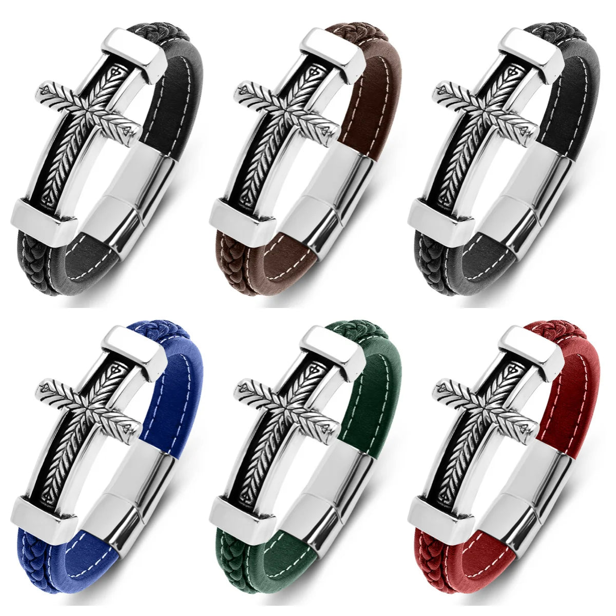 REBEL FASHIONISTA Hot Sale Male Magnetic Pattern Cross Style Stainless Steel Accessories Double-Layer Leather Bracelet Wearing Accessories