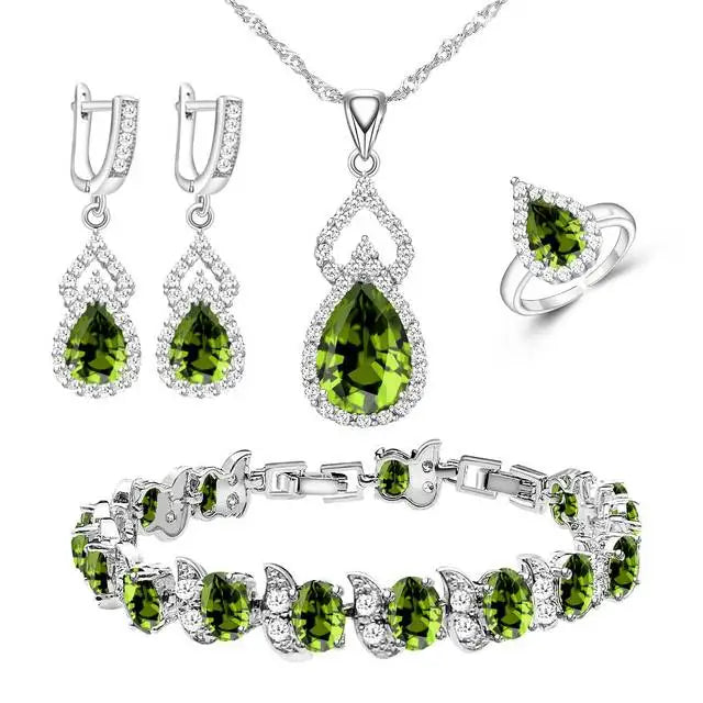 XOTICA Women's Classic Platinum Plated Silver 925 Custom Jewelry Sets Red Zircon Earrings Necklace Ring Bracelets for Engagement