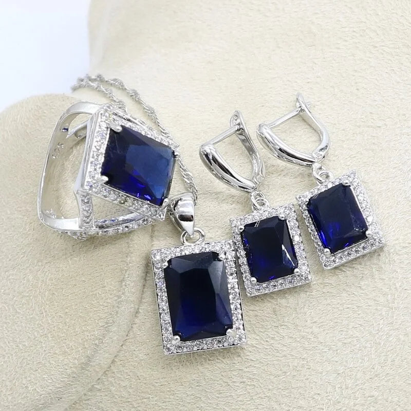 XOTICA Women's Custom Silver Set Square Blue Sapphire Rings Bracelets Earrings Pendant Necklace for Wedding Party Gift Alloy