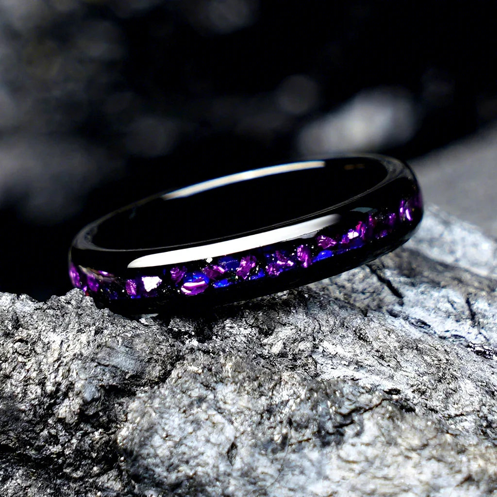 REBEL Electro Black Tungsten Wedding Ring 4mm 8mm Purple Galaxy Gemstone Inlay Anti Tarnish Promise Band Party Jewelry