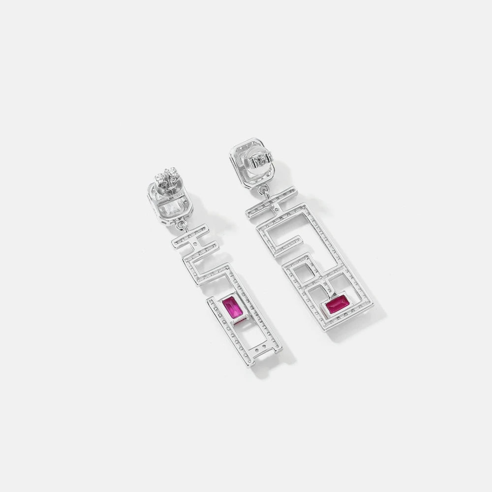 SILVERELLI Red Sapphire & Diamond Asymmetrical Stud Earrings | S925 Sterling Silver | Light Luxury