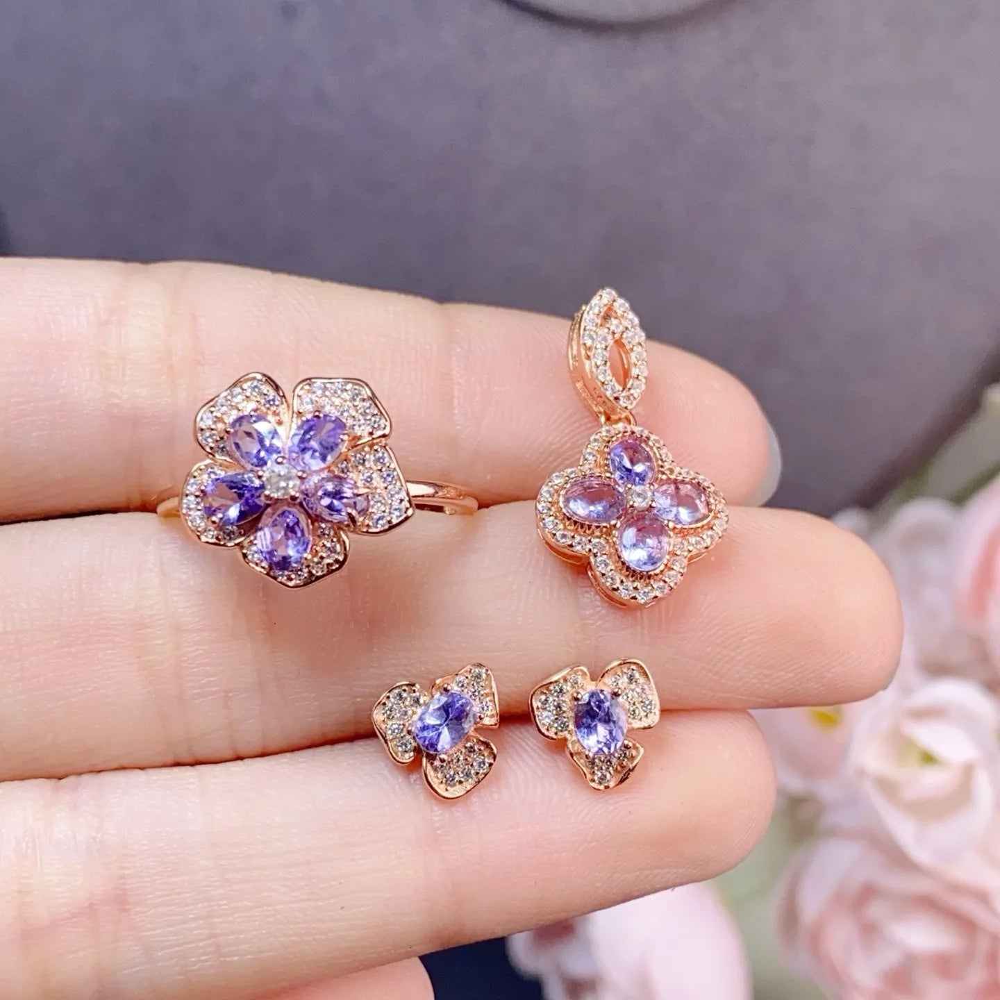 925 Sterling Silver Natural Tanzanite Set Ring Earring Necklace   Gold Plated Jewelry Set for Women