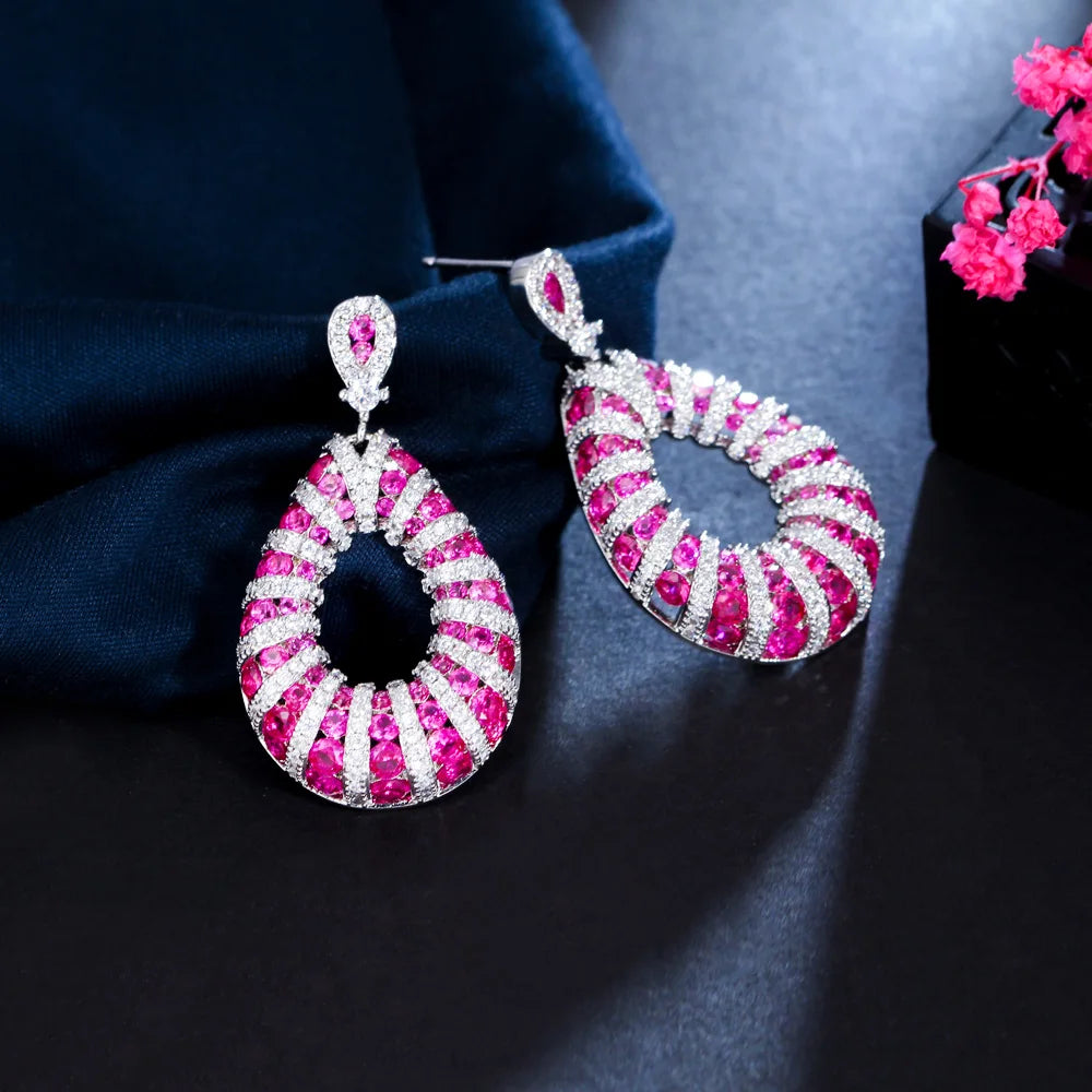 S&S Fuchsia Red Micro Pavé CZ Dangle Drop Earrings | Wedding Party | NewLife