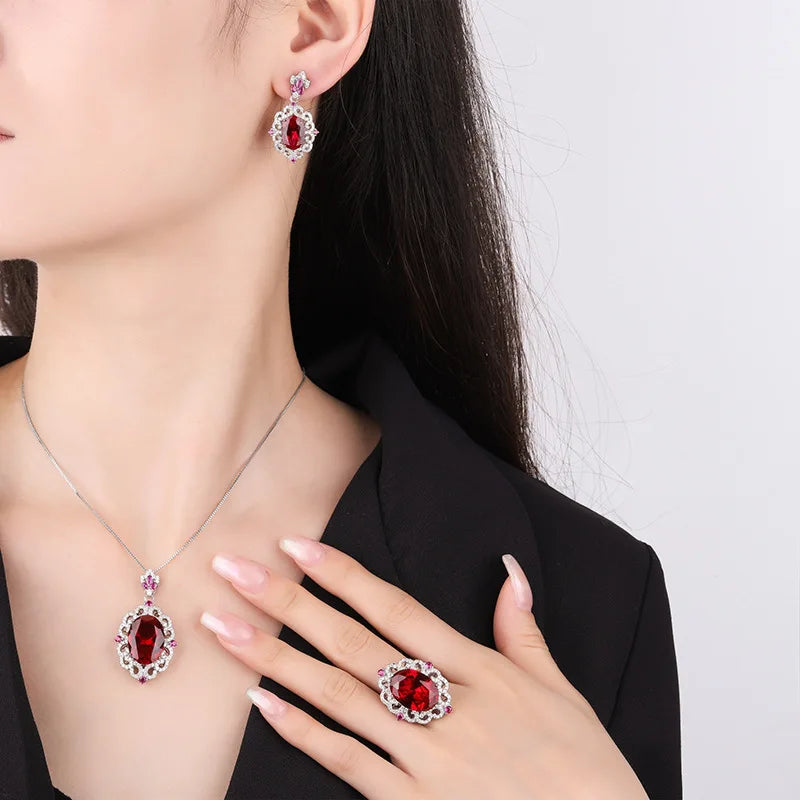 High Grade Eco-friendly Copper Silver Plated Oval Cut 13*18MM Cubic Zirconia Elegant Diamond 3 Piece Jewelry Set