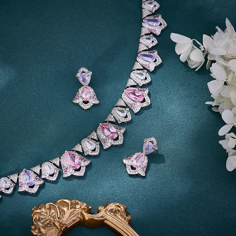 Brass Lily Necklace Earrings Bridal Wedding Accessories High Quality Electroplating Pink Purple Color High End Gift
