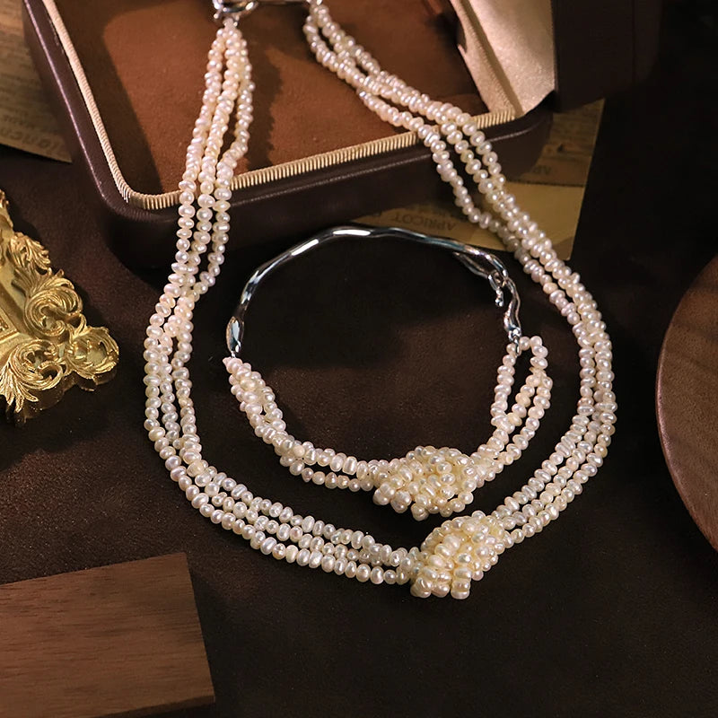 GLSEEVO Natural Freshwater White Pearl Knotted Jewelry Set for Women Wedding Engagement Pearl Necklace Bracelet Dainty Jewelry
