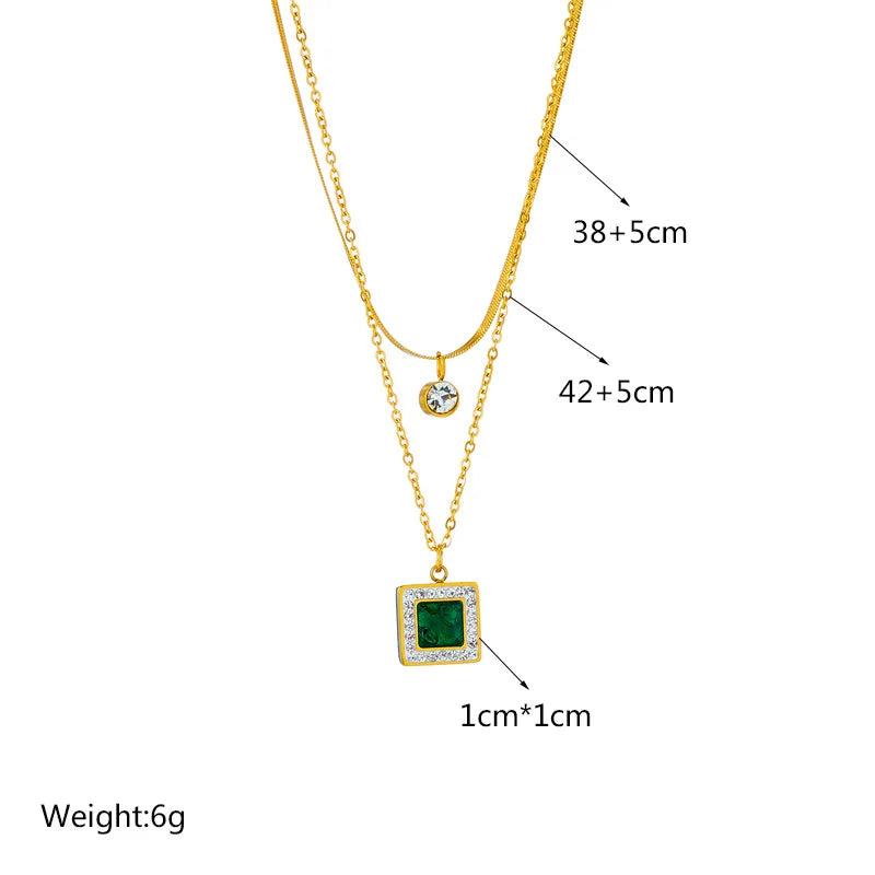 Gold Two-Layer Chain & Green Crystal Necklace & Bracelet Jewellery Set | Layered Luxury Set