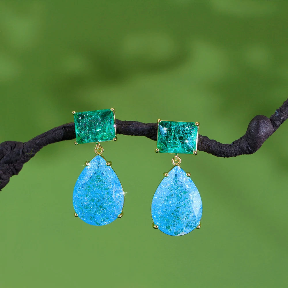 S&S Blue Ice Crack Water Drop CZ Dangle Earrings – Gold Plated – Collection
