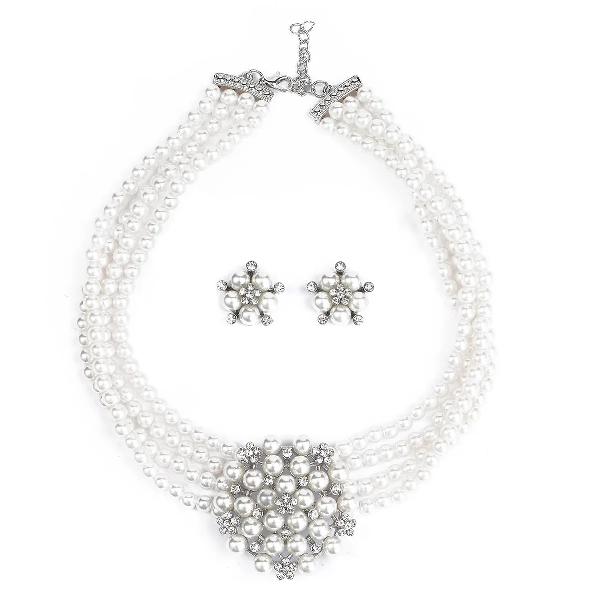Multi-Row Pearl & Crystal Flower Necklace & Earrings Jewellery Set | Bridal Wedding Fashion Set
