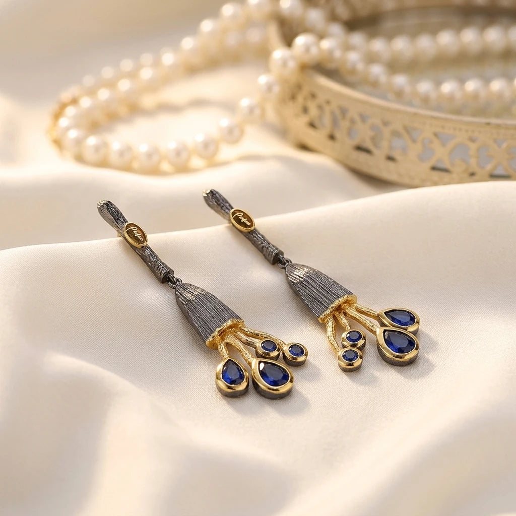 Handmade Women's Daily Wear Synthetic Blue Spinel 925 Sterling Silver Pendant Earrings with 18K Gold Plated Finish Perfect Brand