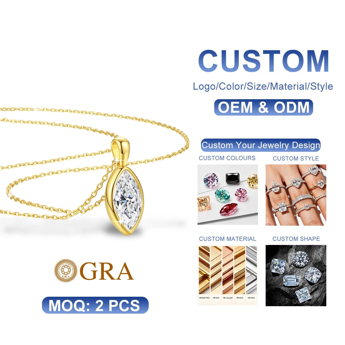 Gioiellieri Luxury Gift True 14K Gold Women's Classic Bezel Setting Design 1ct 2ct Marquis Cut Moissanite Diamond Pendant